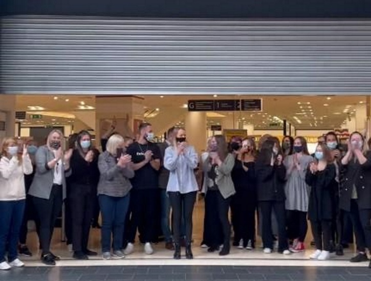 Staff at the Debenhams store in Golden Square Shopping Centre bid farewell