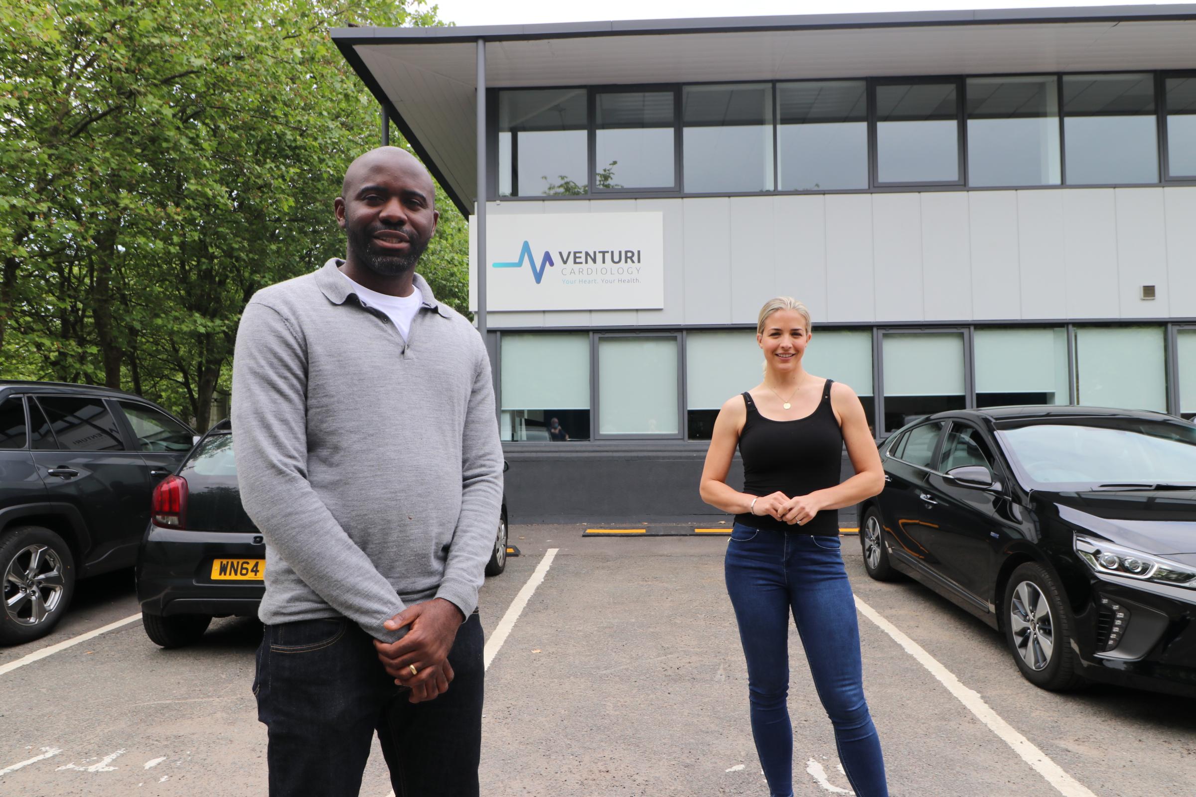 Fabrice Muamba and Gemma Atkinson outside Venturi Cardiology