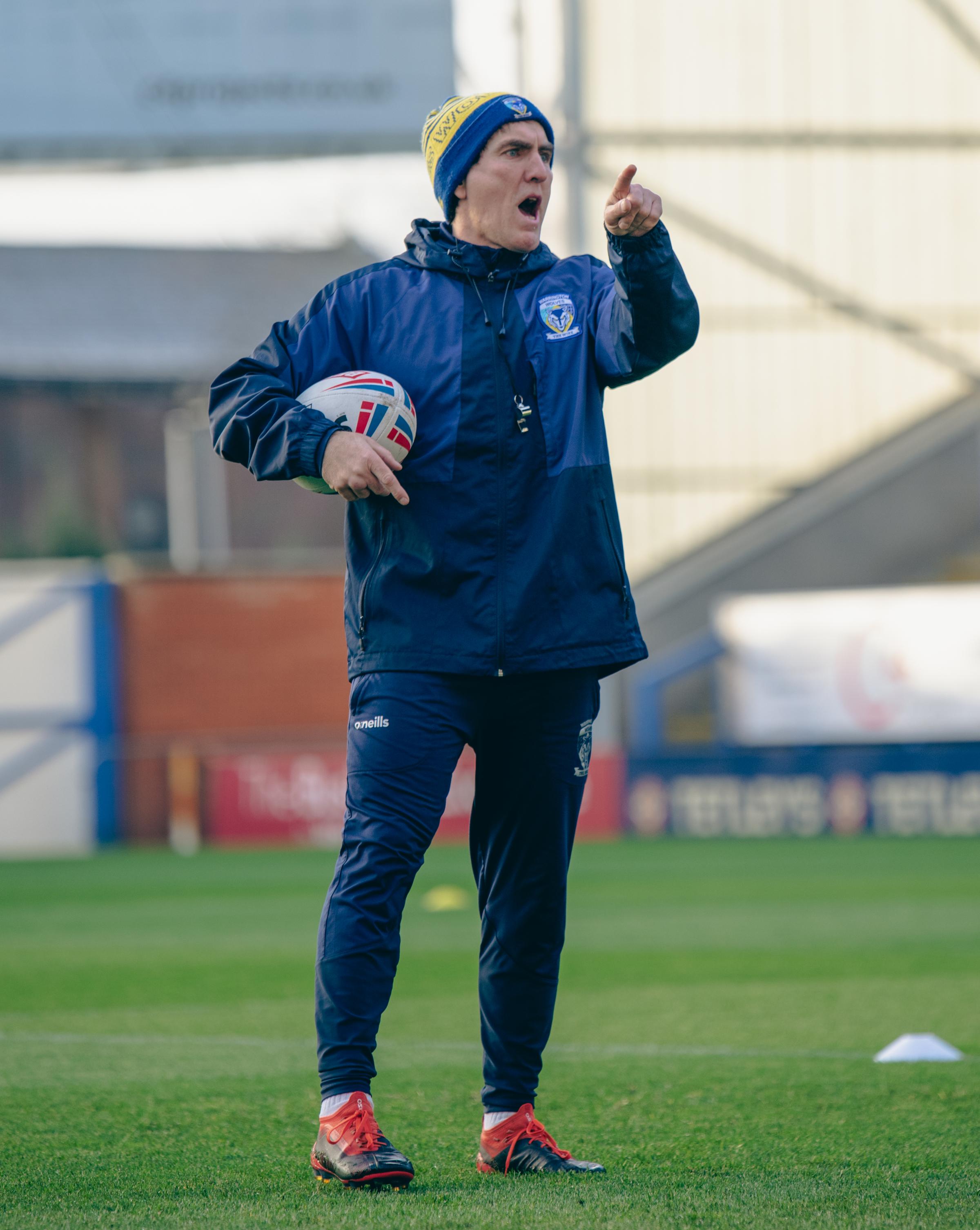 Sheridan gives out instructions during pre-season training. Picture by Warrington Wolves