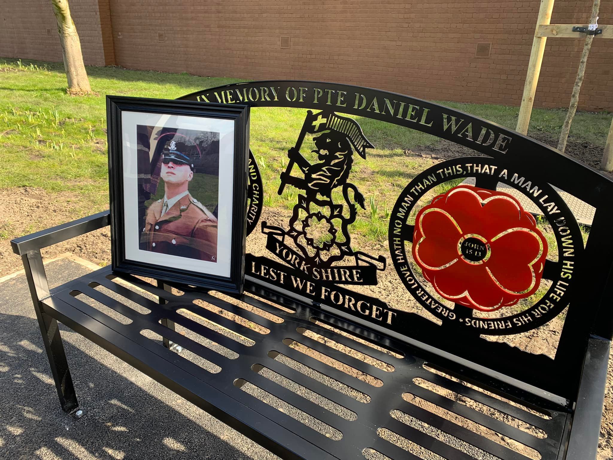 A bench installed in Marshall Gardens in tribute to Pte Daniel Wade