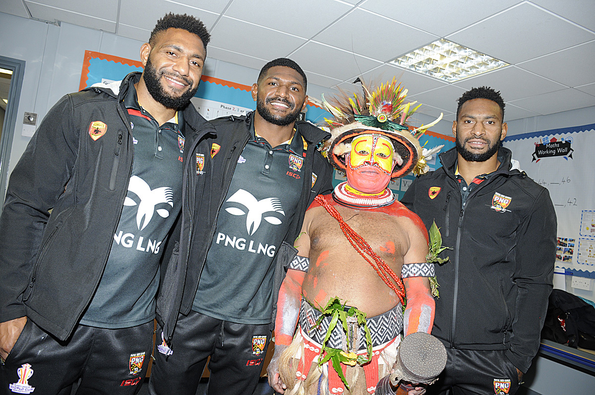 Stars of the Papua New Guinea Rugby League World Cup team delighted pupils at Sacred Heart Catholic Primary School and Bradshaw Primary School. Pictures: Mike Boden