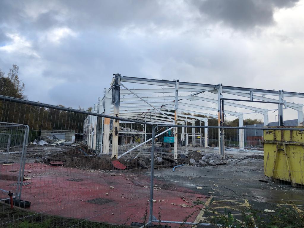 Work continues to demolish the former Arnold Clark garage and build a new Aldi store