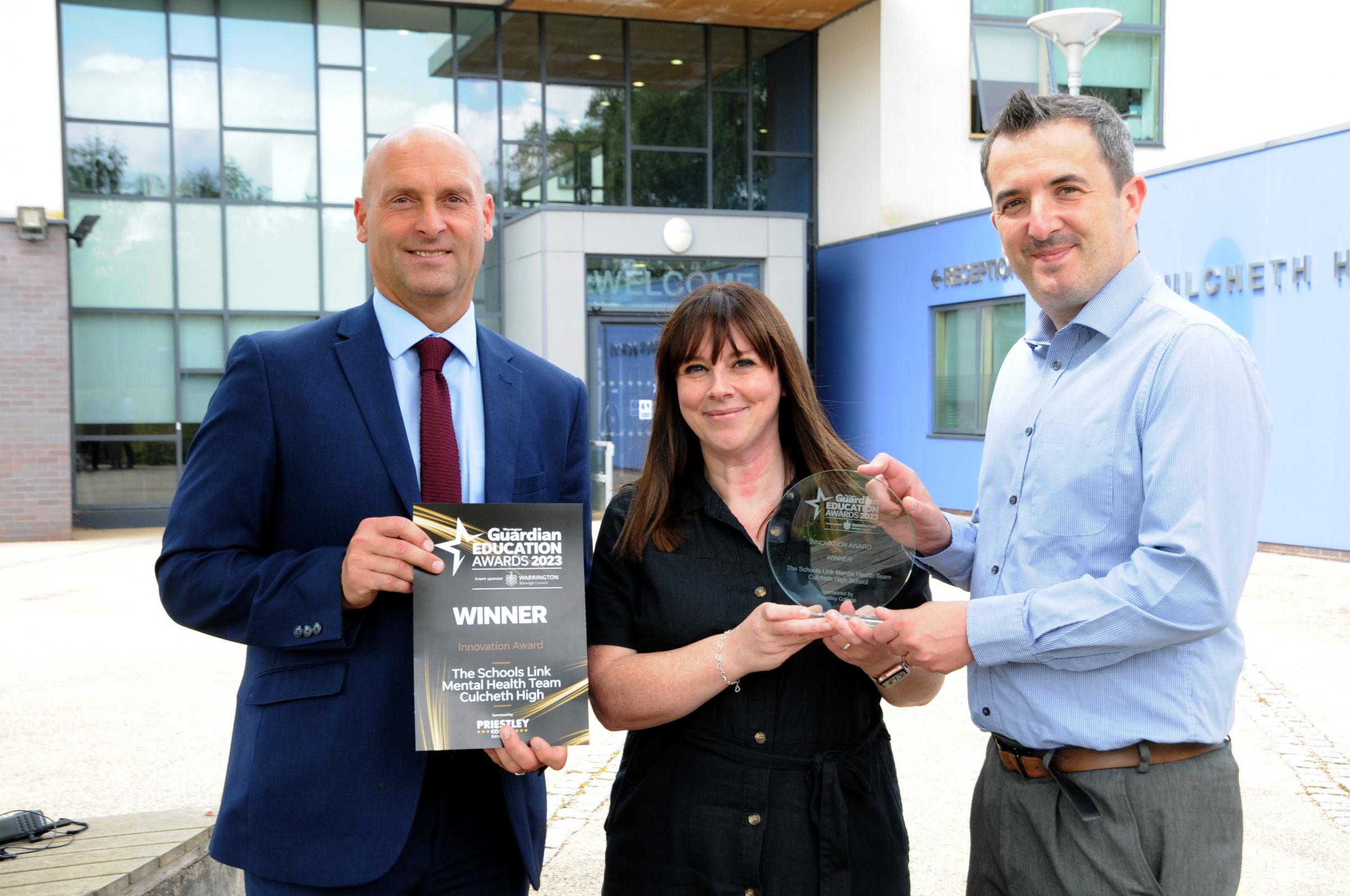 Headteacher at Culcheth High School Chris Hunt, XXXX and Warrington Guardian deputy editor Gareth Dunning