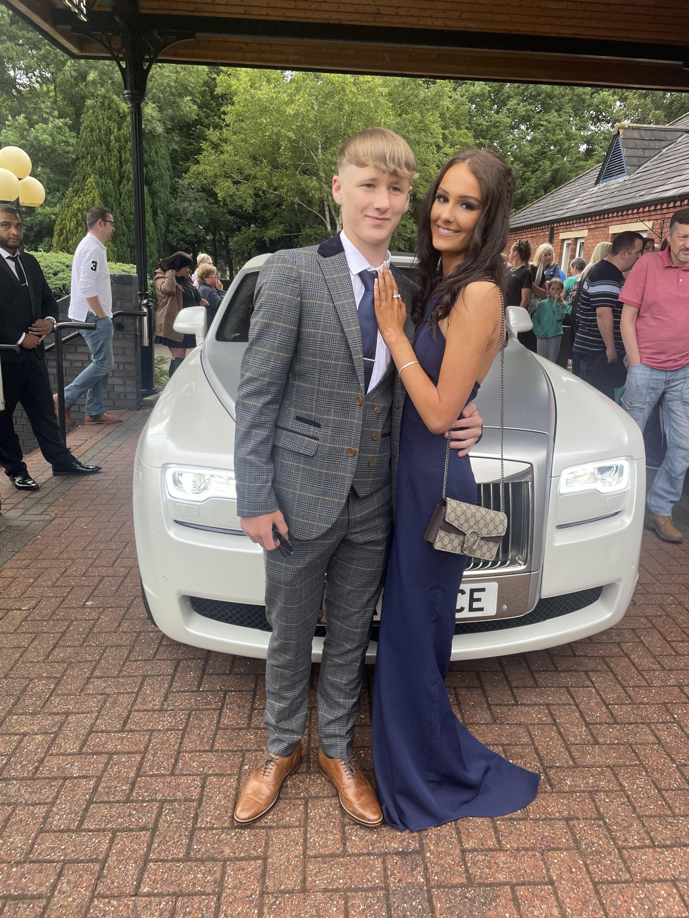 Ryan Caley and Scarlett Houghton arriving in a Rolls Royce at Sir Thomas Boteler prom