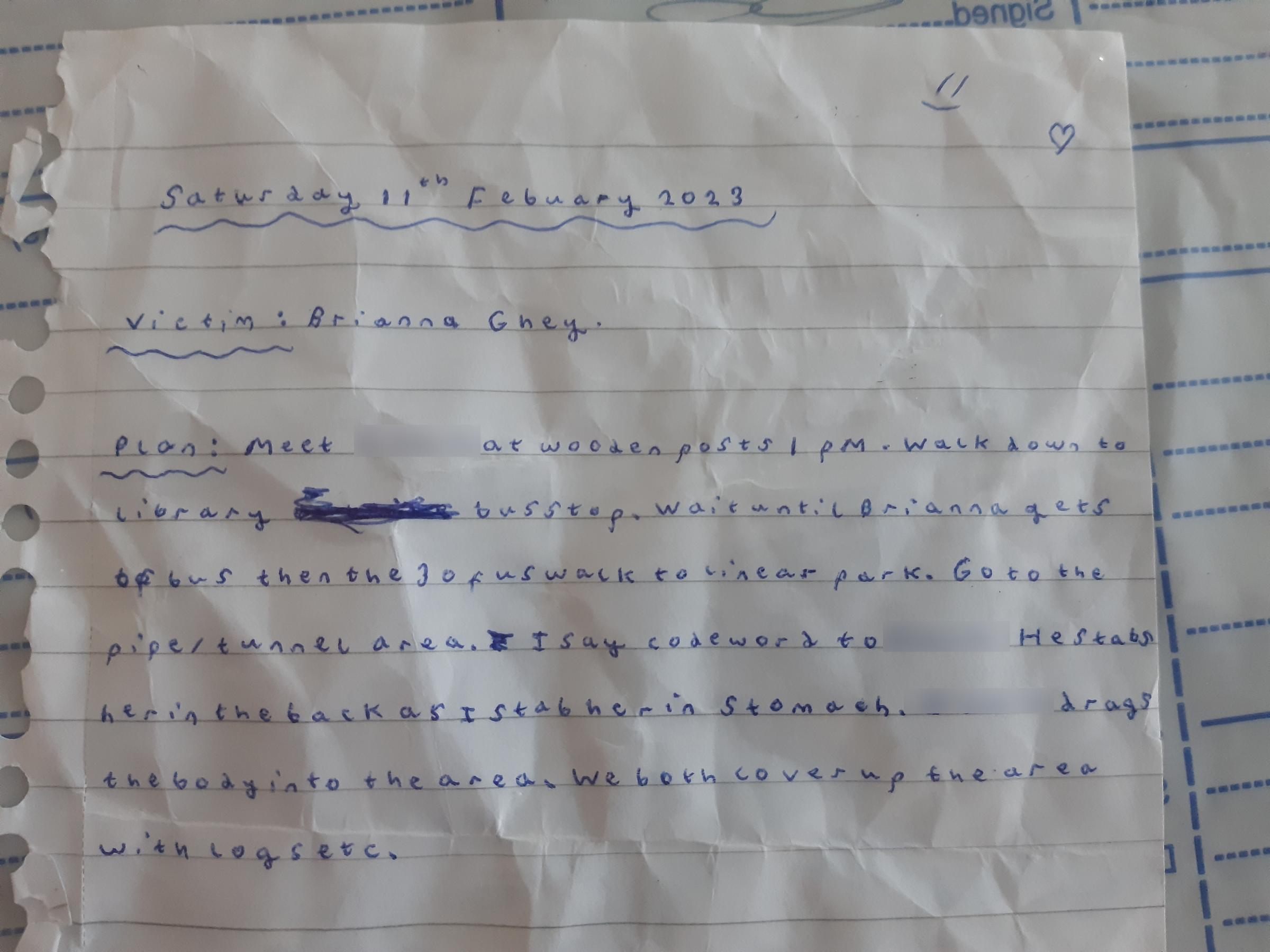 A handwritten murder plan was prepared by girl X who had access to the dark web