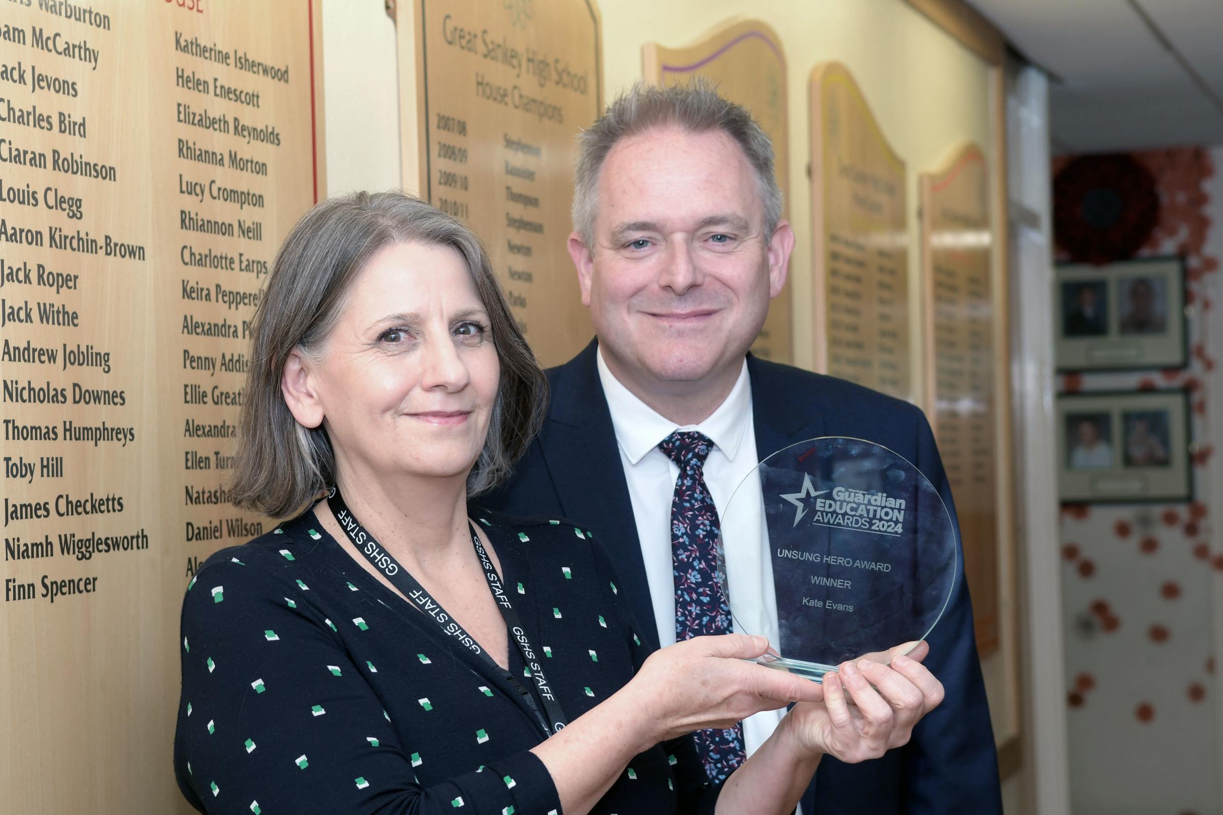 Award winner Kate Evans and Great Sankey High School head teacher Gary Evans