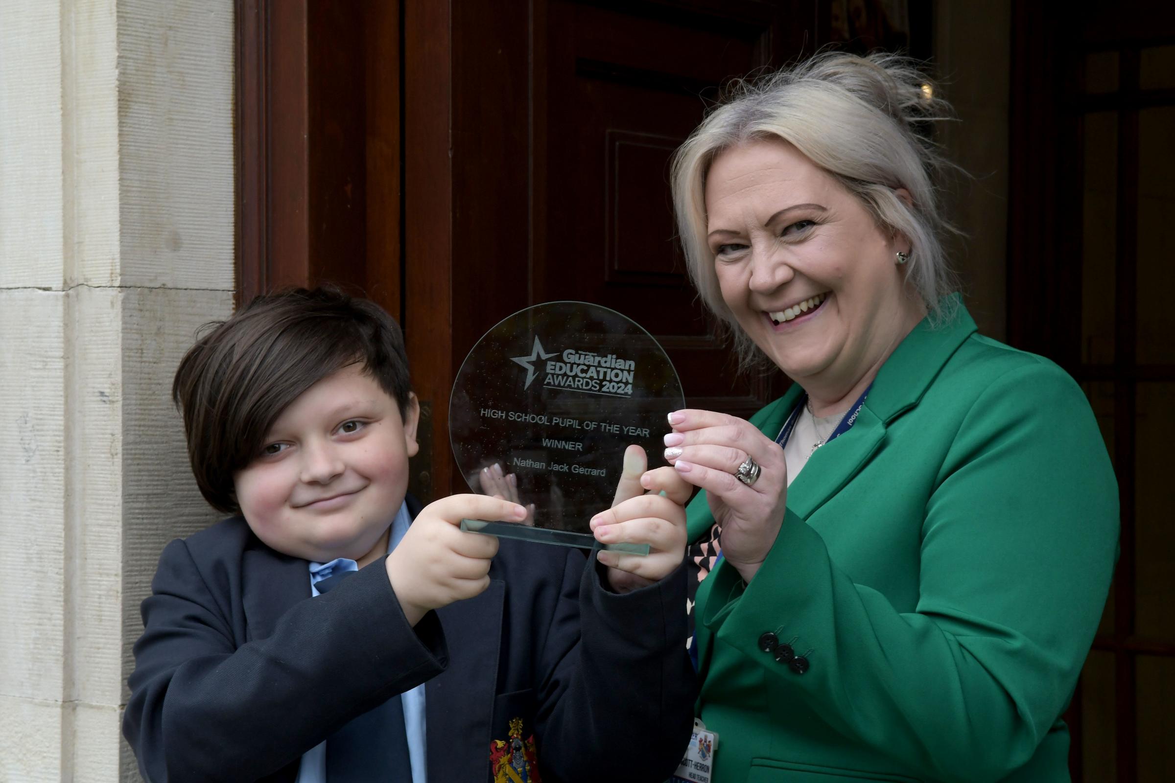 Award winner Nath Jack Gerrard and Sir Thomas Boteler head teacher Beverley Scott-Herron