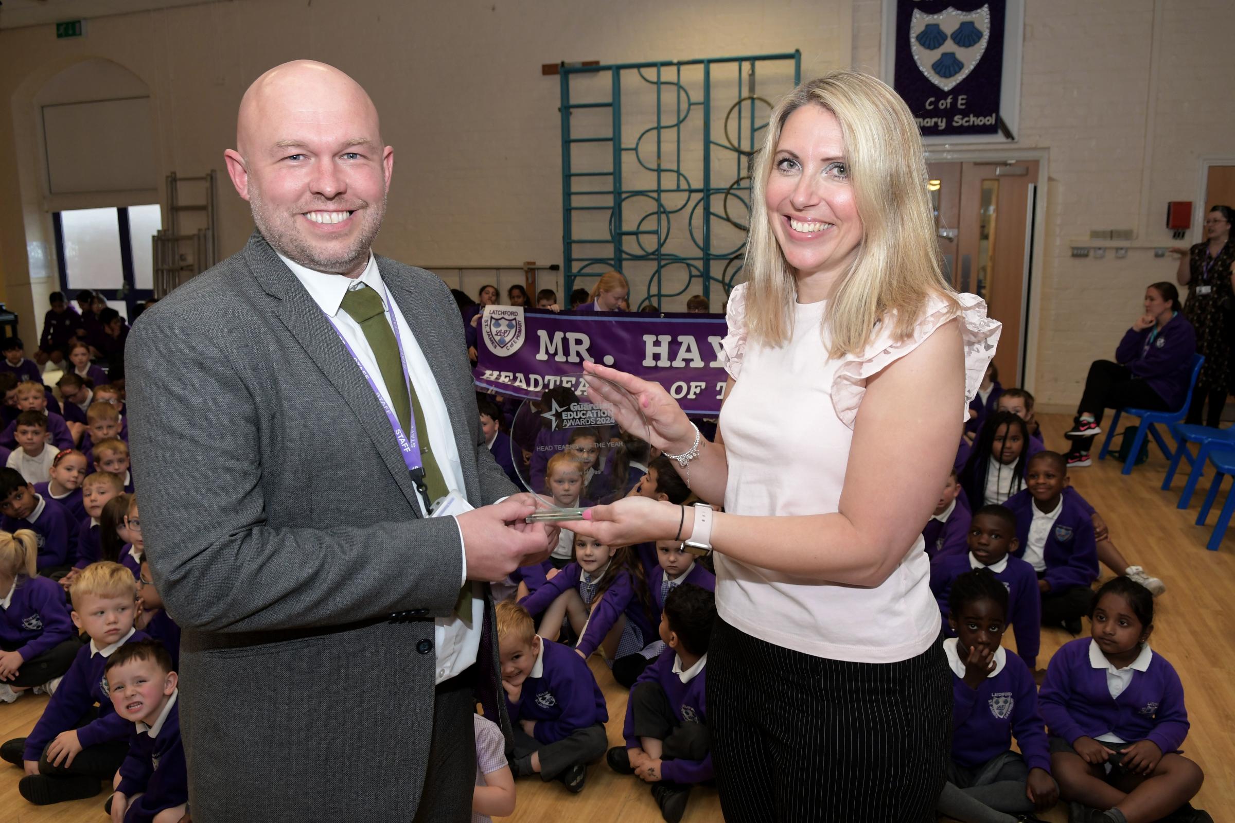 Head teacher of Latchford St James CE Primary School Andrew Hayes and the Warrington Guardians Heidi Summerfield