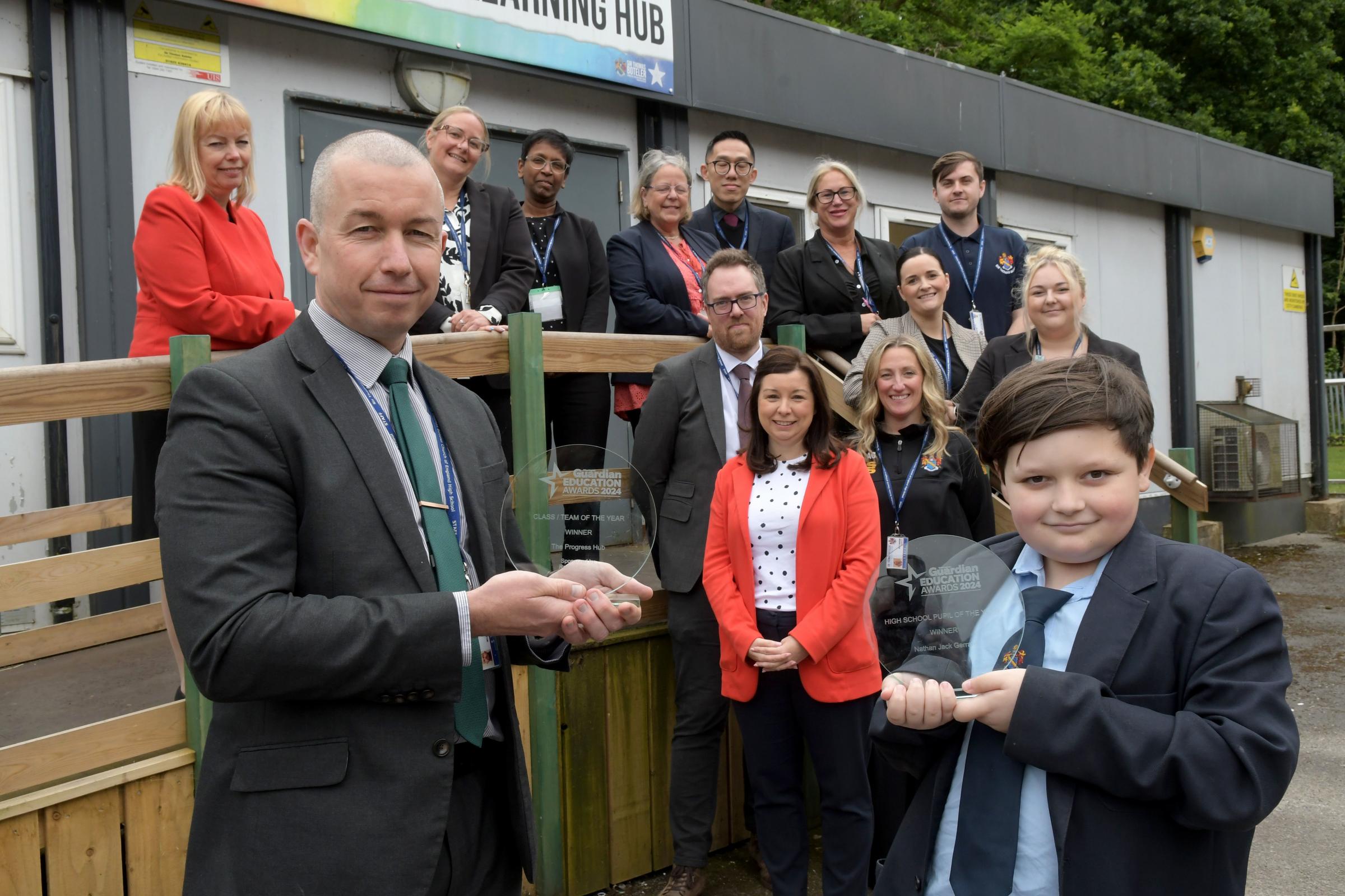 The Progress Hub - our Team of the Year - and Nathan Jack Gerrard, who won High School Pupil of the Year (right) with Ben Large, who was last years High School Teacher of the Year