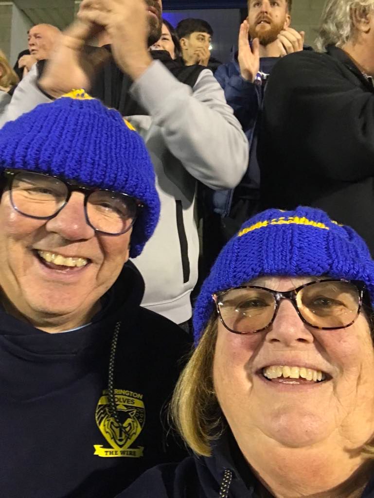 Margaret and Terry wore special bobble hats to Saturdays game, made by Gail Kitchen in support of Macmillan Cancer Care