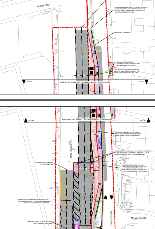 The bus lane on Winwick Road, near to Tesco and between the junctions with Owen Street and Melville Close