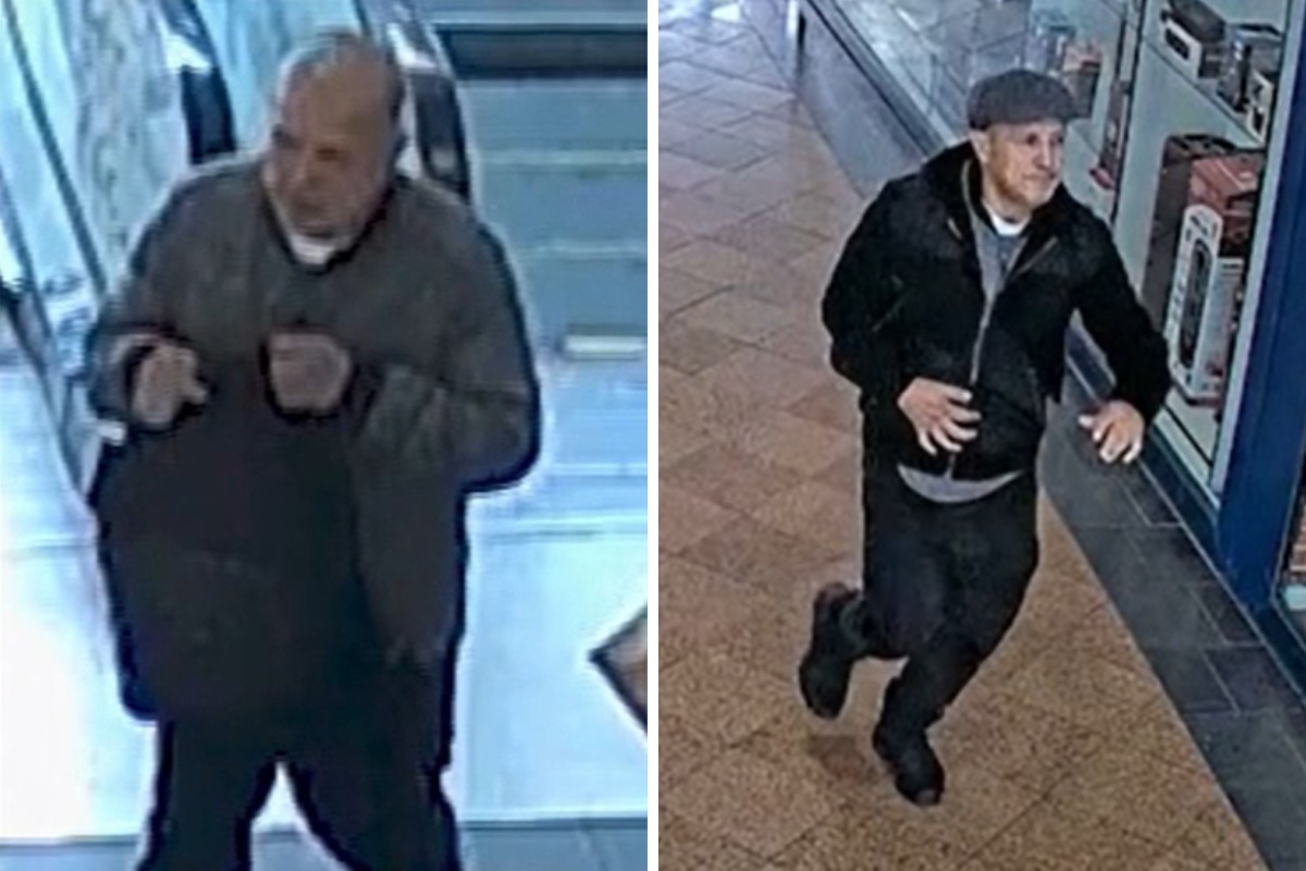 The male thief removed his flat cap and changed his coat, after earlier being spotted running through Golden Square Shopping Centre. Picture: Cheshire Police/BBC