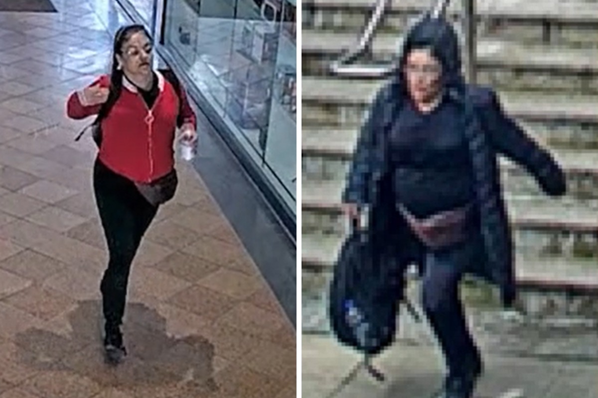 The woman in the red coat running through Golden Square Shopping Centre, and then minutes later having changed her distinctive coat. Picture: Cheshire Police/BBC